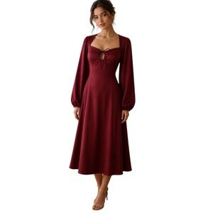 WAYF Aubergine Bustier Midi Dress M Burgundy Balloon Sleeve Romantic Wedding